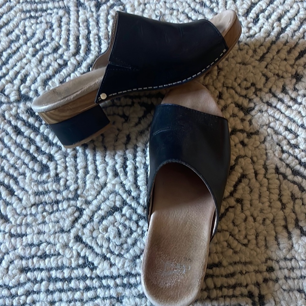 Dansko Black leather open toe clogs